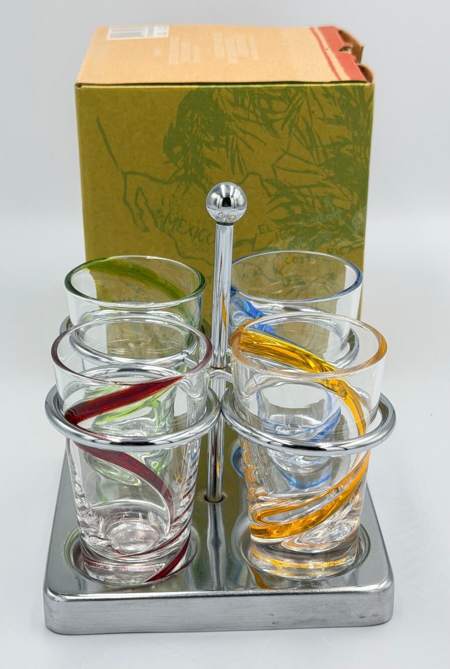 Starbucks Rare Hand Blown Swirl Glass Barista Espresso Shot Glass w/Chrome Caddy